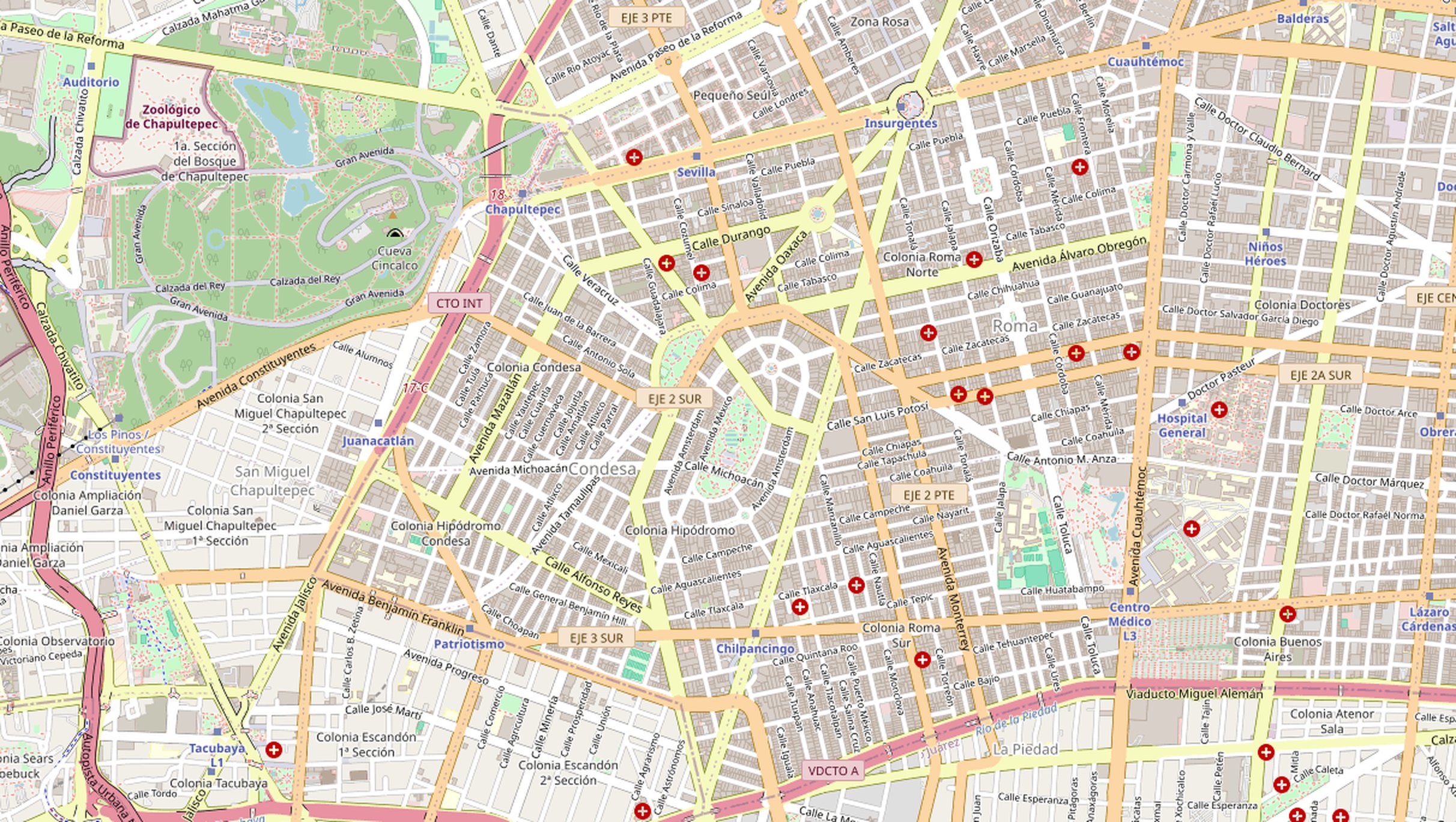 Mapa de calles y avenidas de Roma Norte, Roma Sur y Condesa, CDMX